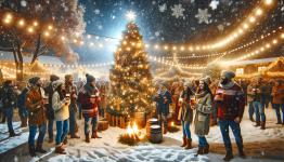DALL·E 2023-12-23 19.26.01 - An outdoor Christmas beer party scene in the snow, featuring a beautifully lit Christmas tree. The setting is a snowy evening with soft snowflakes gen.png